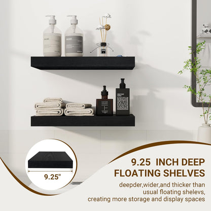 16 Inch Floating Shelves, 16"x9.25"x1.5" Inch Deep Floating Shelves for Wall, Wooden Shelves for Bathroom, Bedroom, Living Room, Black