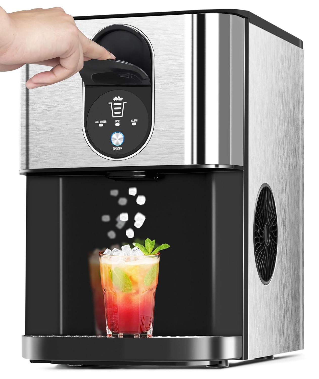Nugget Ice Makers Countertop, Pellet Ice Maker Machine Dispenser with Water Reservoir with 44lbs/24H, Self-Cleaning, Soft Chewable Ice Maker Machine for Home/Kitchen/Office, Silver Stainless