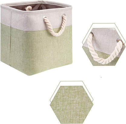i BKGOO 3Pack Large Foldable Storage Bins，Collapsible Sturdy Cationic Fabric Organizing Storage Basket Cube with Cotton Handles for Home Office Shelf Clothes Toys Beige-Green 13×13×13 inch