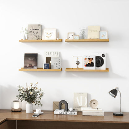 Picture Ledge Shelf, Wood Floating Shelves Set of 4, 24 inch Picture Ledge Shelves, Photo Ledge Nursery Book Shelves Wall Mounted for Living Room Kids' Room Bedroom, Color Oak