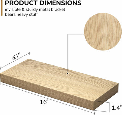 Fun Memories Floating Shelves - 16 Inch Wall Shelf for Decor & Storage - Wall Mounted Display Shelving with Invisible Heavy Duty Metal Bracket 2Pack, Oak
