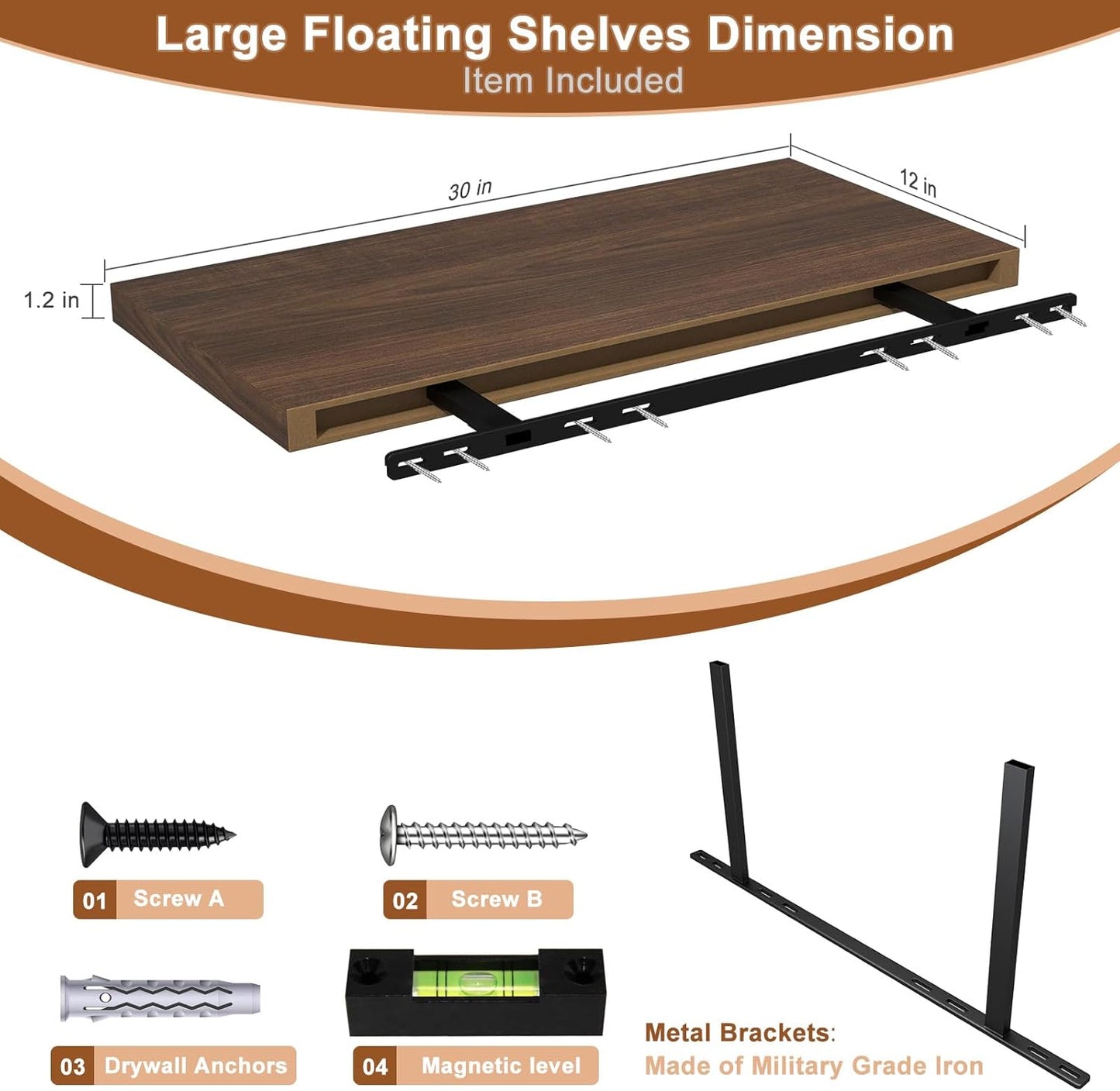 12 Inch Deep Floating Shelves for Wall 3 Pack Floating Shelves Large Storage Space Wall Mount Shelf for Living Room Kitchen Bathroom 30" W x 12" D x 1.2" H Walnut