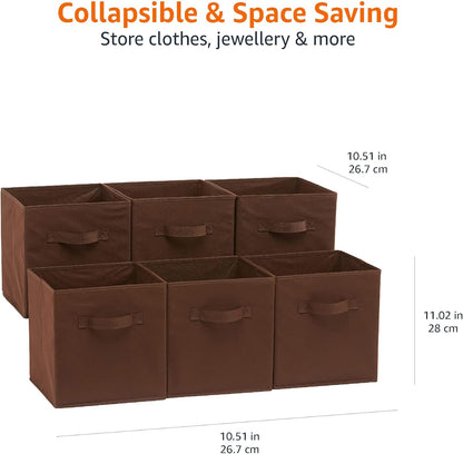 Amazon Basics Cube Organizer Storage Bins Handles, Collapsible Fabric, Pack of 6, 10.5"x10.5"x11", Brown