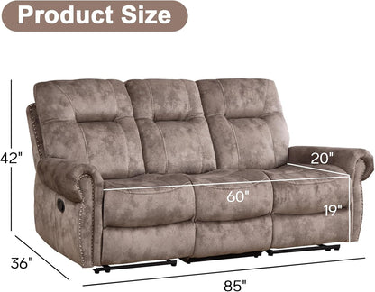 EBELLO Manual Recliner 3 Seat Sofa Couch, Soft Fabric 3 Seater Reclining Couch Chair, Vintage Rivet Mid-Century Design Furniture for Living Room, Meeting Room, Brown