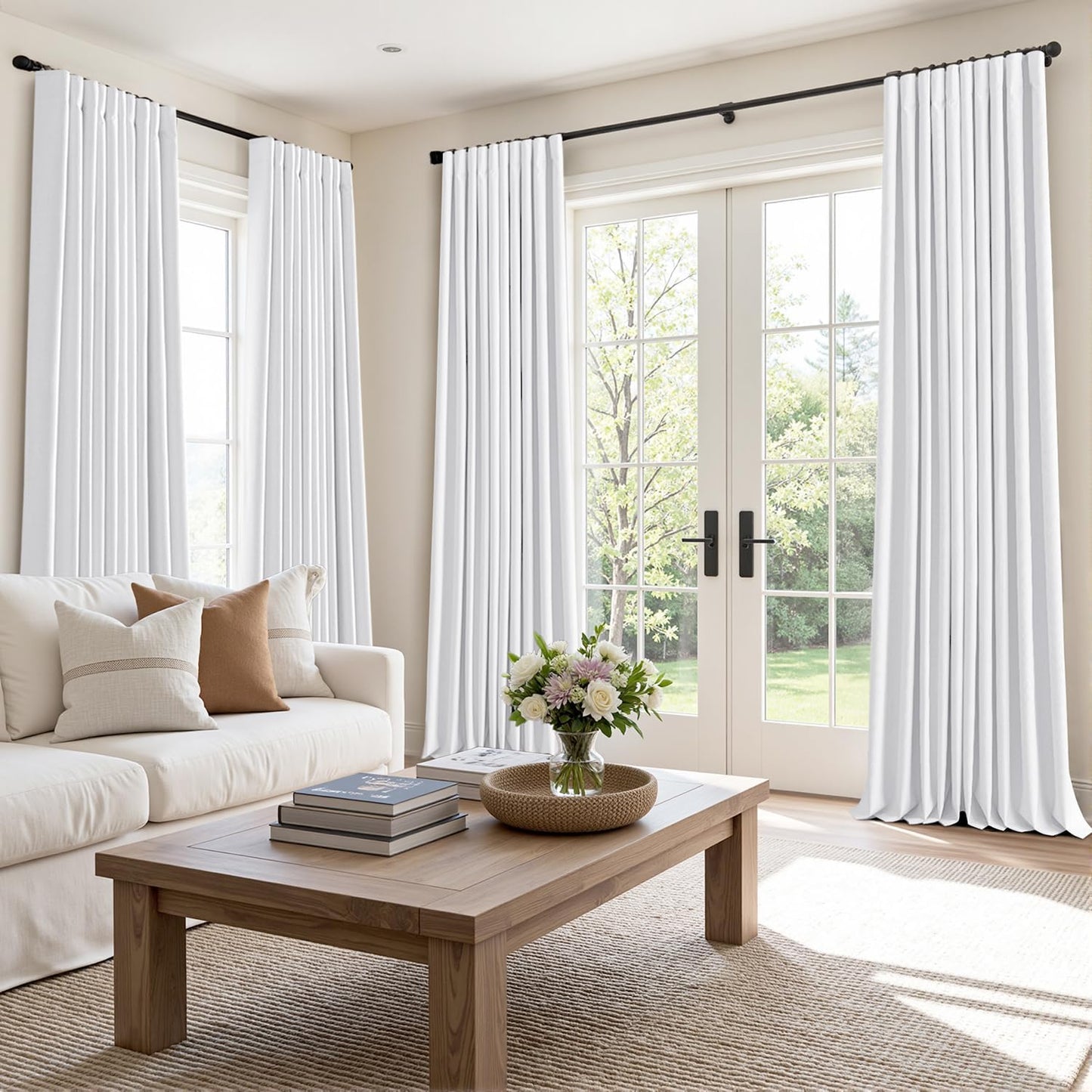 MIULEE 100% Blackout Curtains 102 Inch Long 2 Panels Set for Bedroom, Thick Faux Linen Black Out Curtain Room Darkening Back Tab Pleat Window Textured Drapes with Hooks for Living Room, Bright White