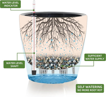 Dexceder 9x8 Inches Self Watering Planter Indoor Outdoor, Inner Pot Design, Thickened Table Flower Plant Pot with Water Level Indicator (Black Gold Crackle)