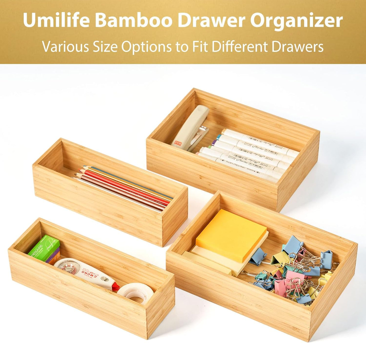 Umilife Bamboo Kitchen Utensils Organizer, Extra High Silverware Drawer Tray, Flatware Cutlery Storage Box, Multi-Use Holder in Office, Bathroom, Pantry - 15"x6"x2.5" (Set of 2)