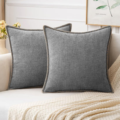 MIULEE Pack of 2 Couch Throw Pillow Covers 18x18 Inch Dark Gray Farmhouse Decorative Pillow Covers with Stitched Edge Soft Chenille Solid Dyed Spring Pillow Covers for Sofa Bed Living Room