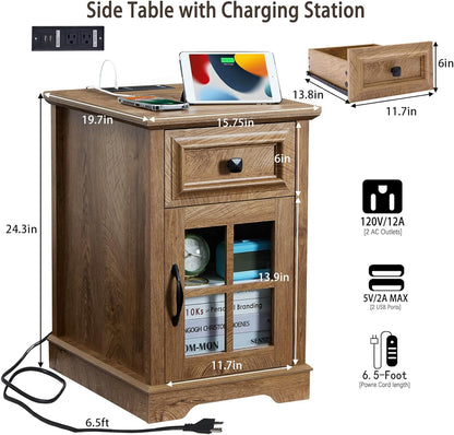 Farmhouse XXL End Table with Charging Station, Side Table with USB Ports and Outlets, Nightstand with Drawer and Glass Door Storage, Log Color Bedside Tables for Living Room, Bedroom, Office
