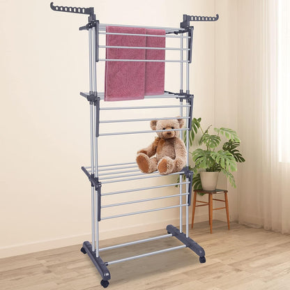 Bigzzia Clothes Drying Rack Folding Drying Rack Clothing 4 Tier Clothes Horses Rack Stainless Steel Laundry Drying Rack with Two Side Wings Grey