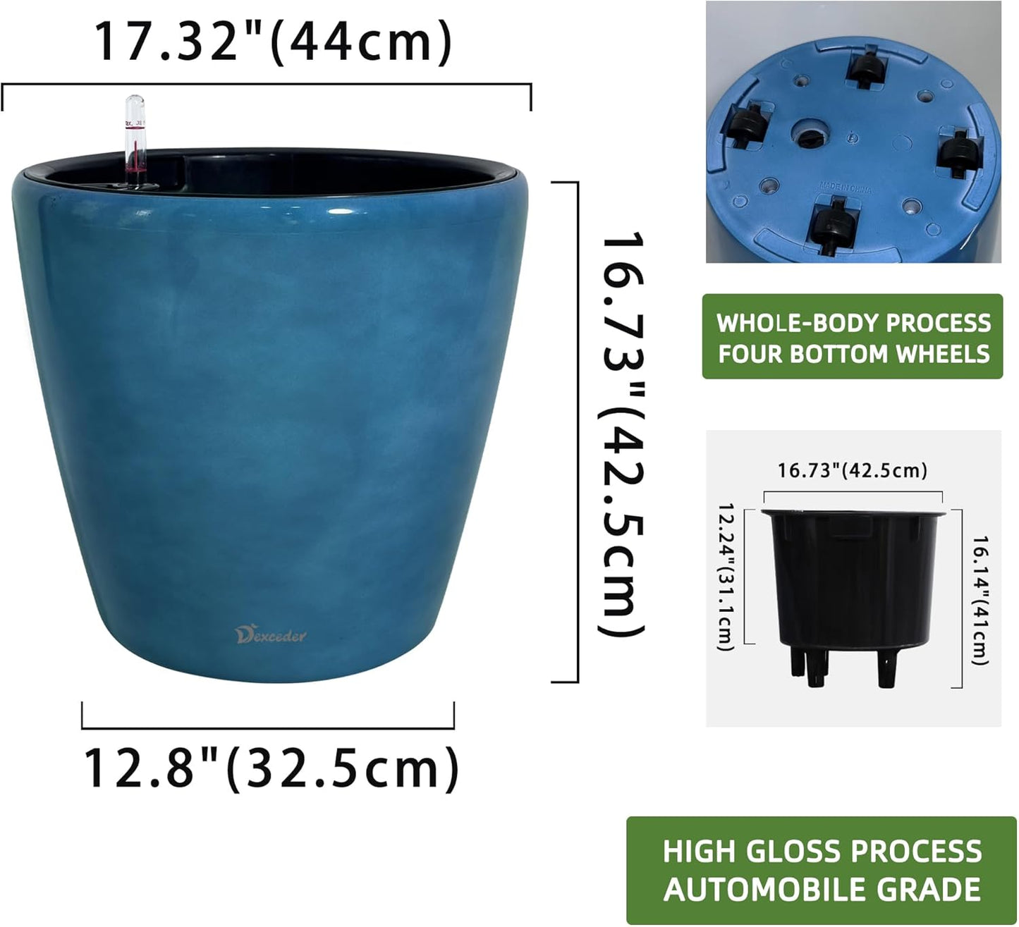 Dexceder 18x17 Self Watering Planter with Wheels Indoor Outdoor, Inner Pot Design, Thickened Large Floor Standing Flower Plant Pot with Water Level Indicator (Peacock Blue Gradient)