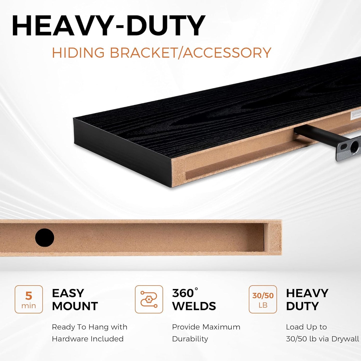 Fun Memories 32Inch Floating Shelves for Wall 2 Pack Wood Shelves for Kitchen, Bathroom, Bedroom Wall Mounted Rustic Wood Floating Shelf with Invisible Brackets for Books, Storage, Decor, Black