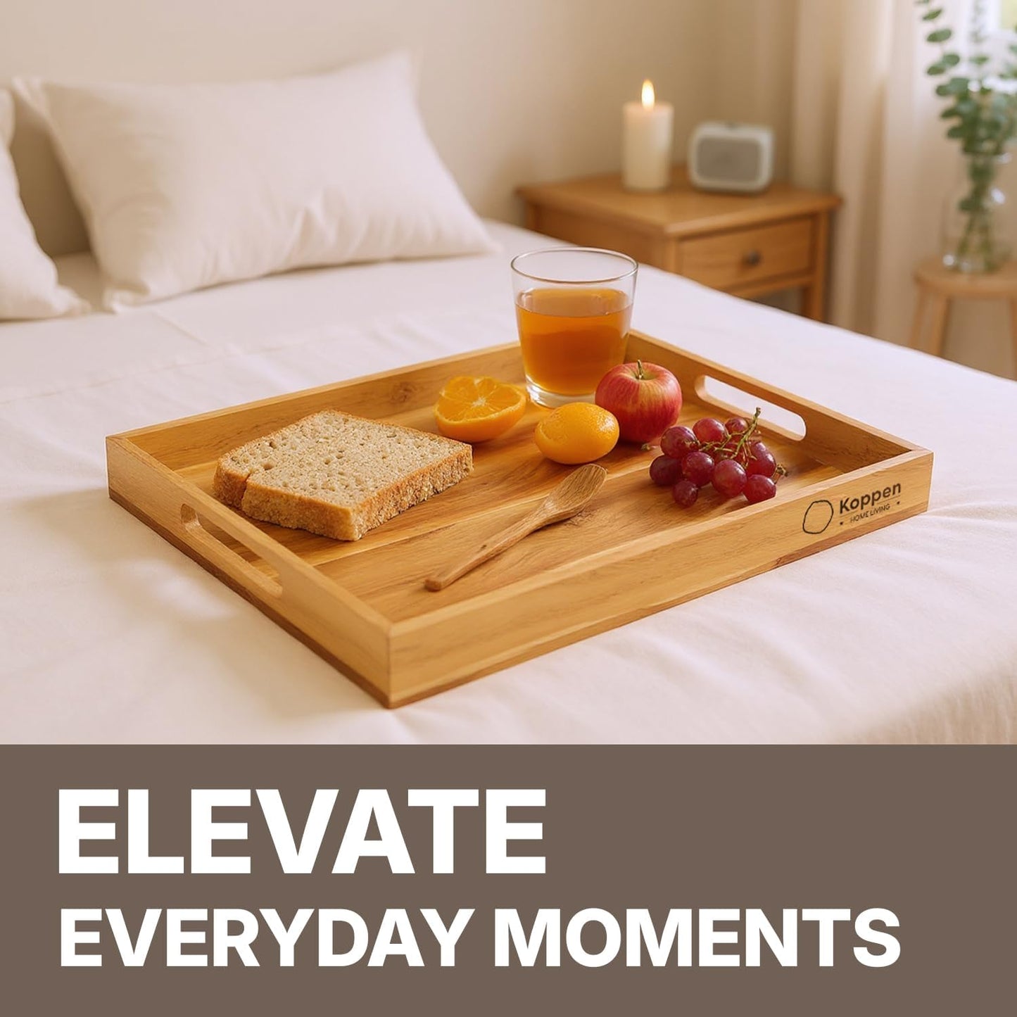 Koppen Acacia Wood Serving Tray with Handles, 17" x 13.86", Large Wooden Platter for Breakfast, Ottoman Tray for Party, Snacks, Fruit, Coffee Table, Living Room, Sofa, Bed, Outdoor