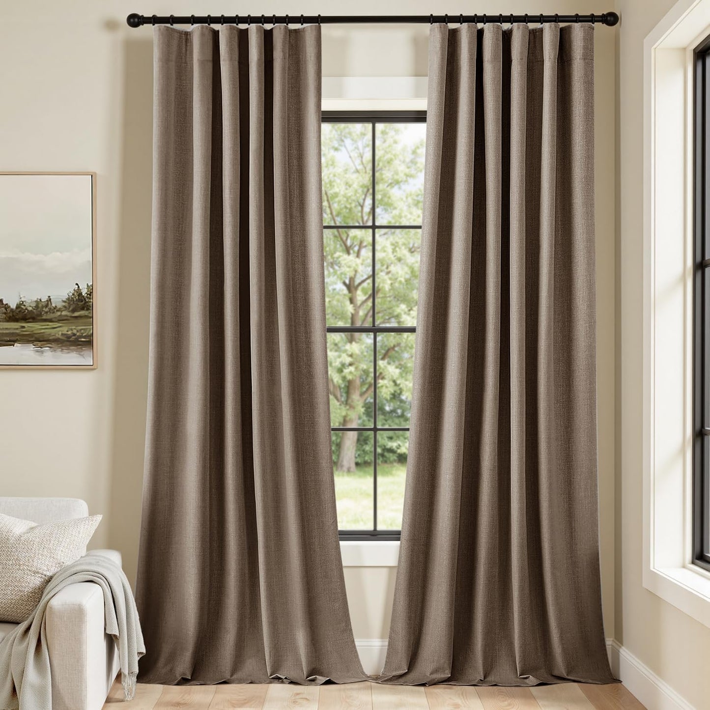MIULEE 100% Blackout Curtains 108 Inch Long 2 Panels Set for Bedroom, Thick Faux Linen Black Out Curtain Room Darkening Back Tab Pleat Window Textured Drapes with Hooks for Living Room, Dutch Cocoa