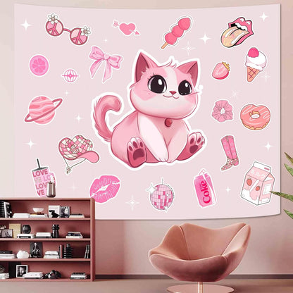 Lunerfex Y2K Tapestry Pink Cat Wall Tapestry, Cute Tapestries for Bedroom Funny Tapestries Wall Hanging for Bedroom Living Room Decor Pink-5 44"x60"