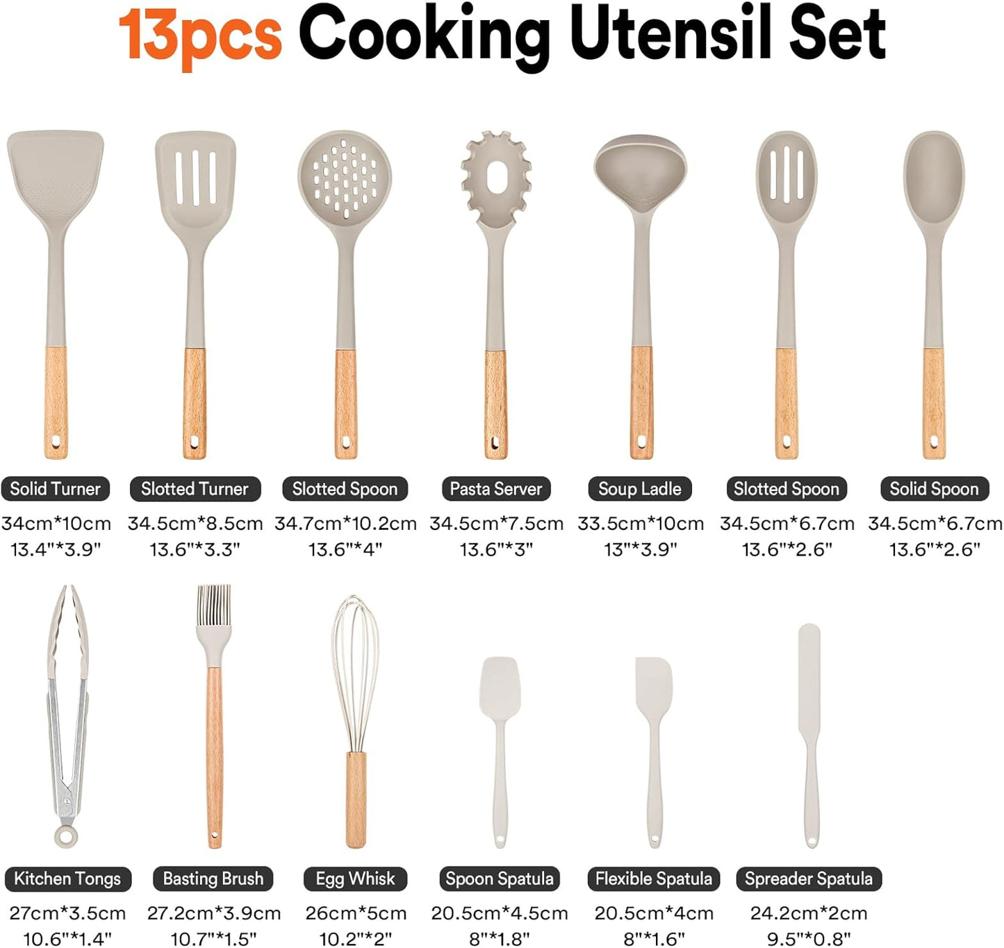 Kitchen Utensils Set, 13PCS Silicone Cooking Utensils, Heat Resistant Kitchen Utensil Spatula Set for Nonstick Cookware, Wooden Handles Kitchen Gadgets Tools Set