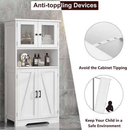 GarveeHome 54in Tall Bathroom Cabinet, Farmhouse Storage Cabinet with Glass Doors and Adjustable Shelves, Freestanding Kitchen Pantry Cabinets, Cupboard for Living Room, Dining Room, White
