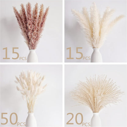 Natural Dried Pampas Grass Decor, 100 PCS Pampas Grass Contains White Bunny Tails Dried Flowers, Reed Grass Bouquet for Wedding Boho Flowers Home Table Decor, Rustic Farmhouse Party