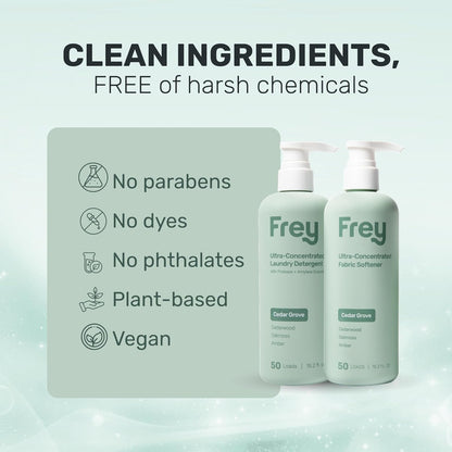 FREY Concentrated Liquid Laundry Detergent | Formulated for Sensitive Skin & HE Washers | Removes Stains Effectively | 50 Loads per Bottle (2-pack Cedar Grove)