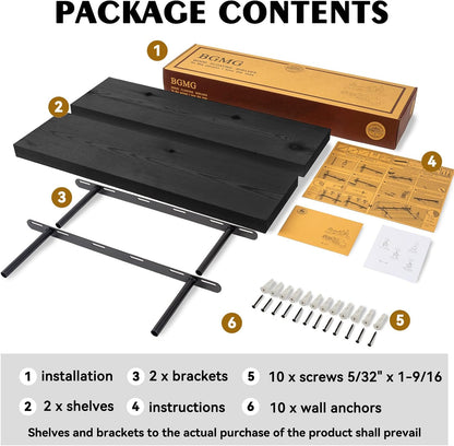 BGMG Wood Floating Shelves 16 inch, Wide Rustic Wooden Wall Shelves for Bathroom Living Room Bedroom Kitchen Farmhouse Set of 2-16x 6.7 x1.25 inch- Black