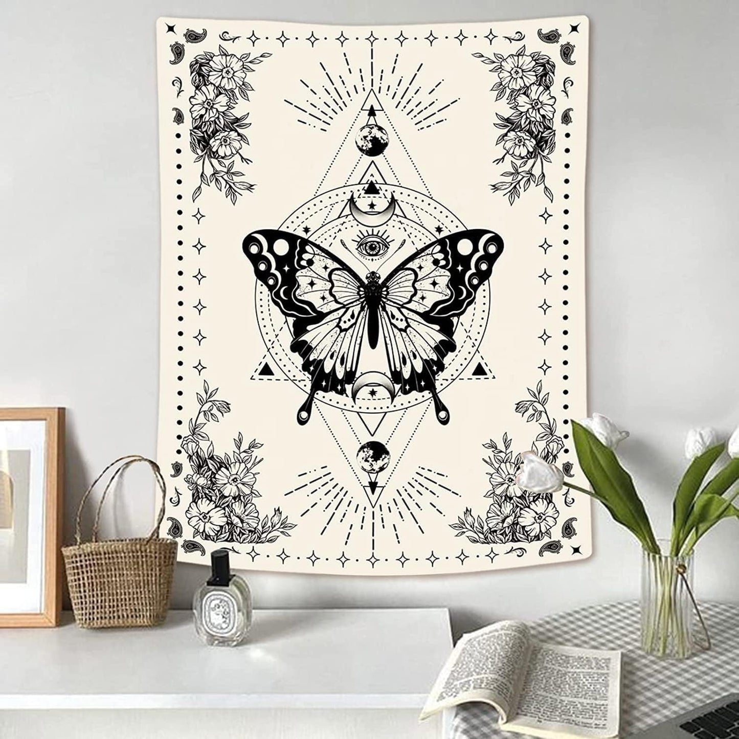 Lunerfex Boho Butterfly Tapestry Small Tapestry Tarot Tapestries Moon Phase Aesthetic Tapestries Wall Hanging for Bedroom and Living Room Decor Butterfly 60×80 Inches