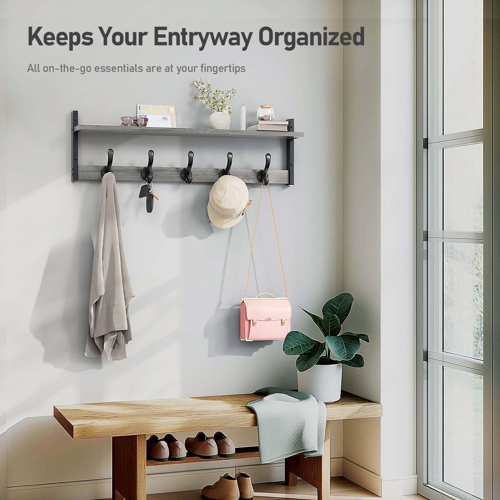 Tatub 29" Rustic Coat Rack Wall Mount with Shelf, Heavy Duty Wall Hooks with Shelf, Entryway Rustic