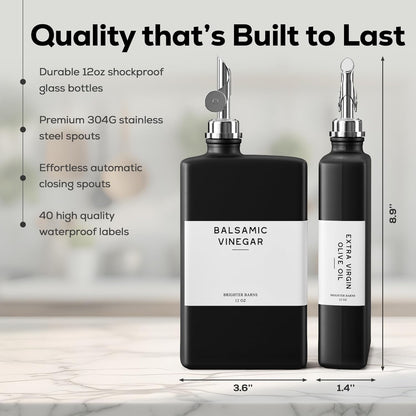 Black Glass Olive Oil Dispenser Bottle for Kitchen by Brighter Barns - Soy Sauce Dispenser, Coffee Syrup Bottle - Modern Kitchen Decor for Restaurant, Airbnb, Coffee Bar Accessories (Black, Set of 2)