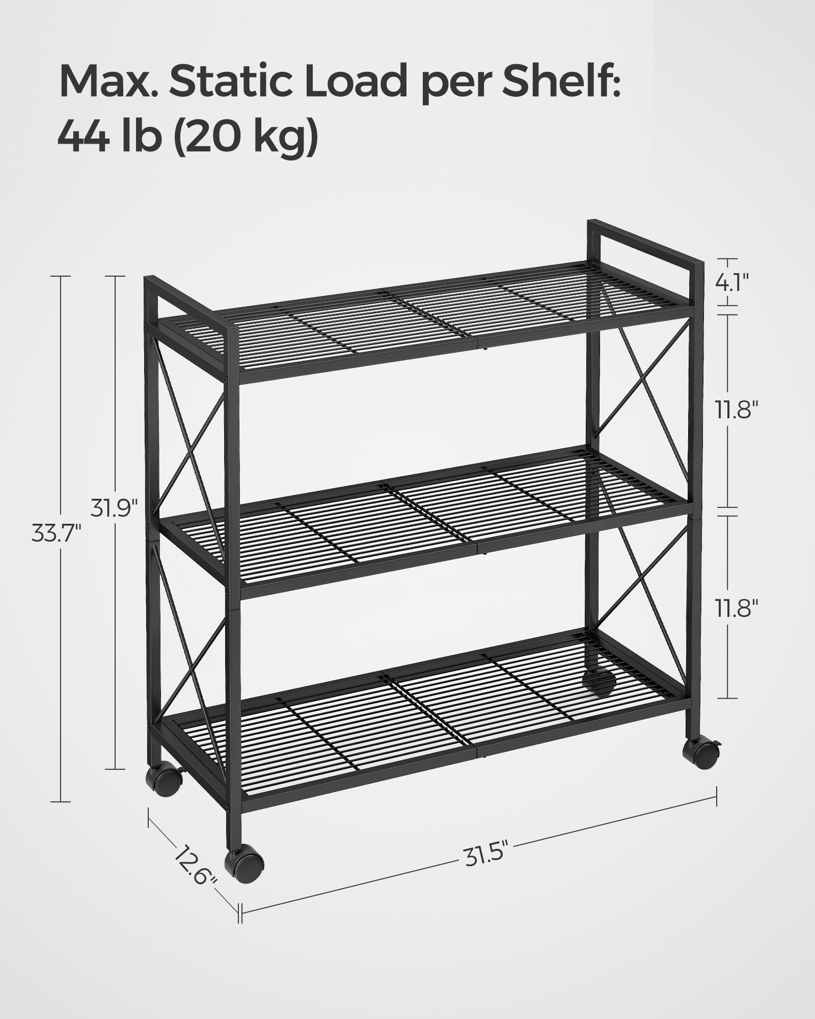 SONGMICS 3-Tier Metal Storage Rack with Wheels, Mesh Shelving Unit with X Side Frames, 31.5-Inch