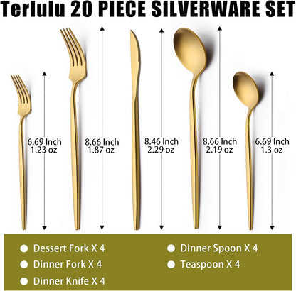 20 Piece Gold Silverware Set for 4, Terlulu Stainless Steel Flatware Set, Gold Cutlery Set Utensils Set, Tableware Include Forks Knives Spoons for Home Kitchen Restaurant Wedding, Satin Finish