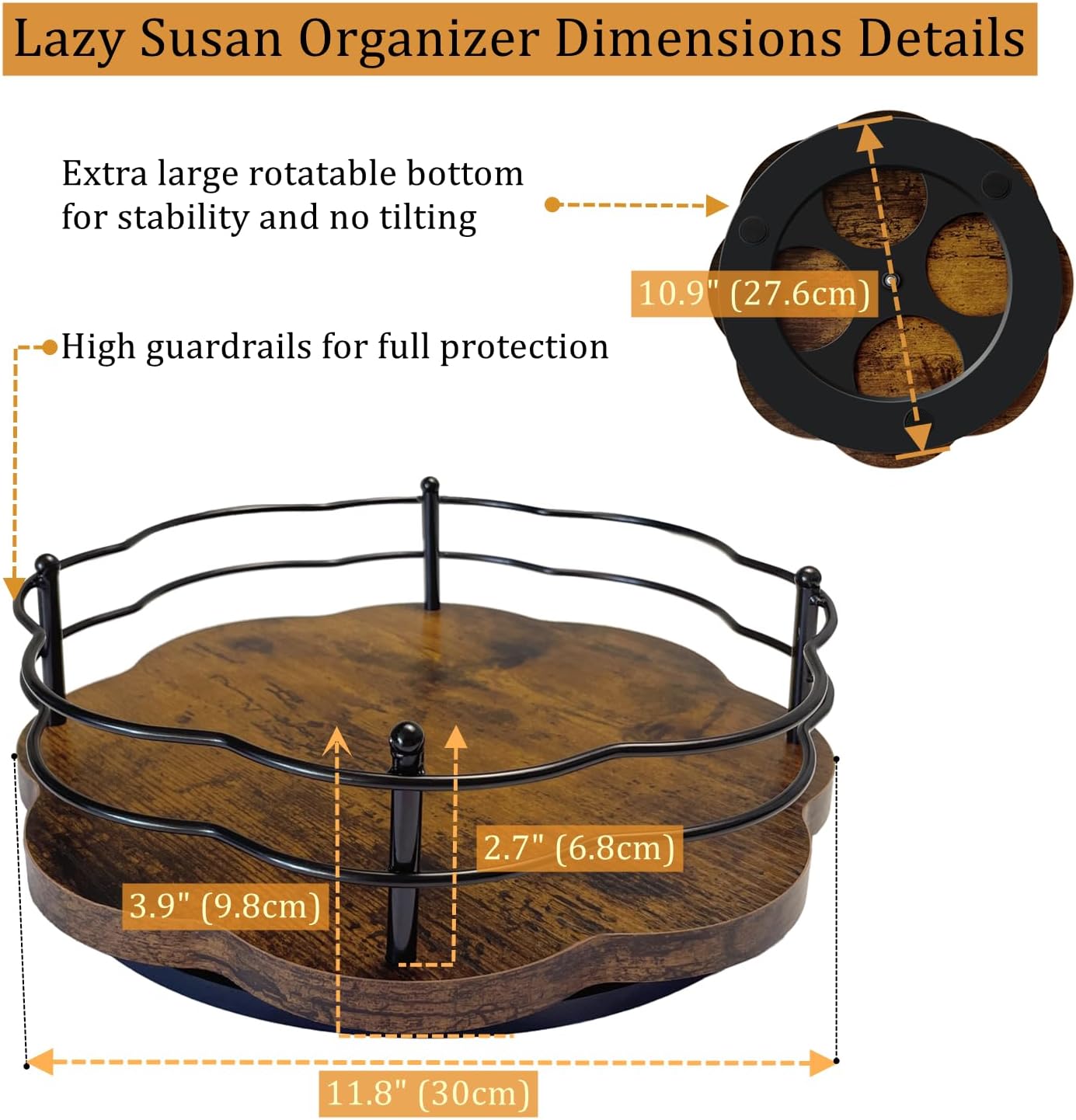12" Lazy Susan Turntable Organizer with Higher Metal Sides, Wooden Lazy Susan Spice Rack Organization and Storage for Cabinet,Kitchen,Countertop,Table Top,Dining Table,Coffee Bar Decor