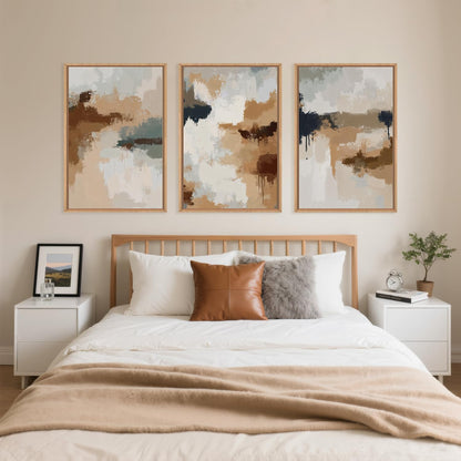 LHIUEM Large Abstract Brown Grey Framed Canvas Wall Art,Neutral Brush Stroke Pastel Wall Decor,Modern Color Block Wall Painting,Minimalist Artwork for Living Room,Bedroom,Dining Room,Office -16"x24"x3