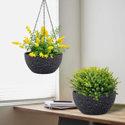 10 inch Hanging Planters for Indoor Outdoor Plants, 2 Pack Hanging Flower Plant Pots with Drainage Holes and Chain for Garden Porch, Plastic Hanging Baskets for House Plants, Speckled Black