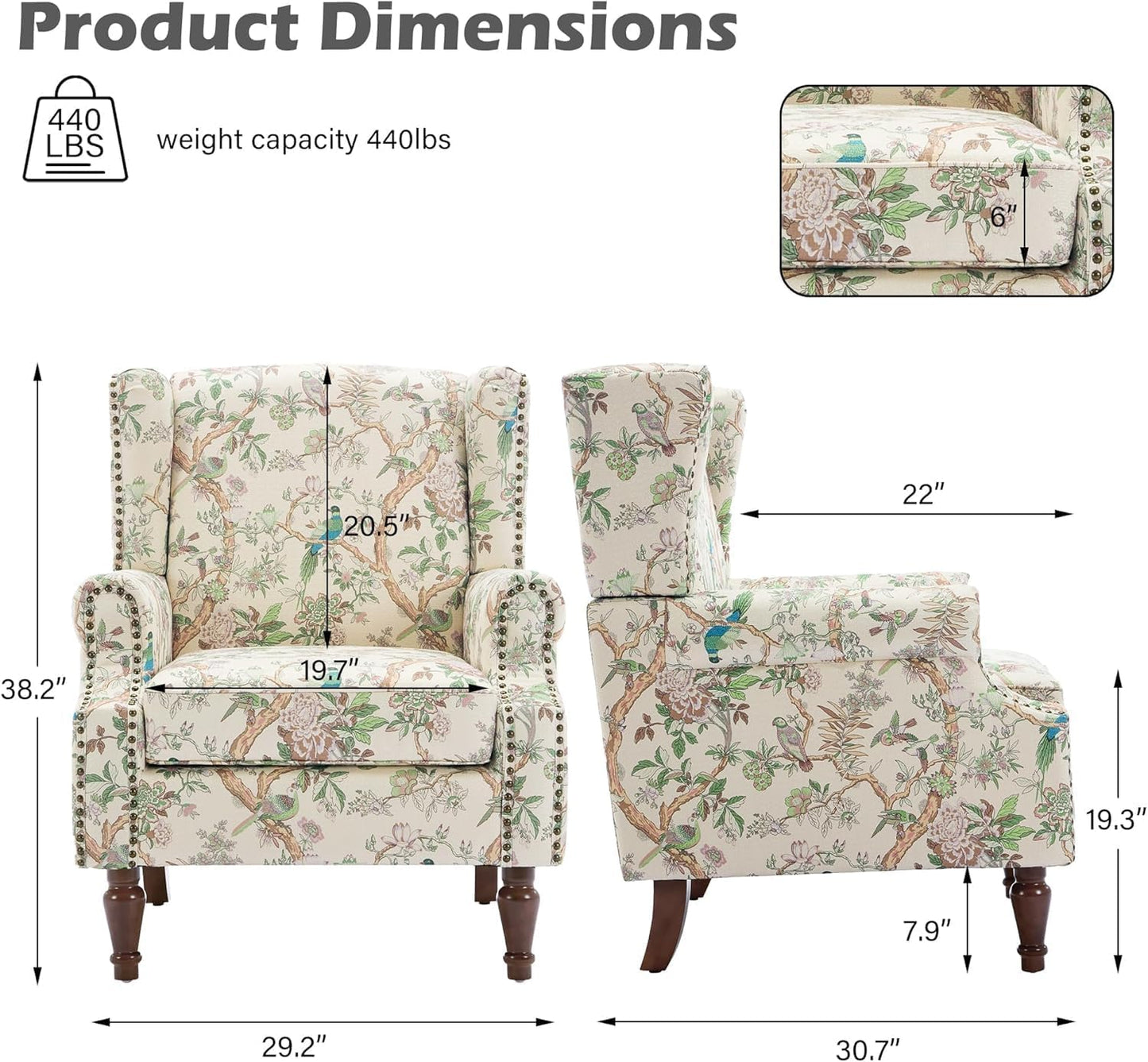 UIXE High Back Floral Accent Chairs Set of 2, Fabric Upholstered Armchair for Living Room, Retro Printed Wingback Arm Chair Rivet Trimed Single Sofa Bedroom Reading Seat - Bird