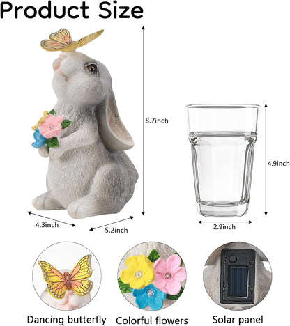 Solar Bunny Statues Light with Butterfly LED - Auto On/Off Weathproof Resin Garden Figurine Decor Gift for Pathway, Patio & Mom's Flower Bed (Warm Light)