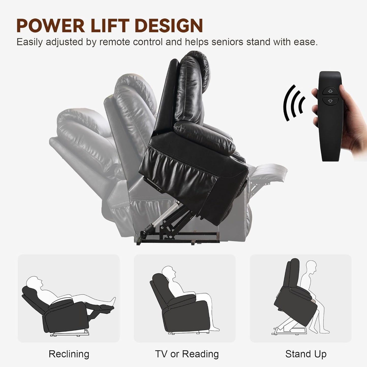 SALOHZA Power Lift Recliner Chair for Elderly with Massage and Heat for Living Room, Electric Recliner Chair for Adults with USB/Type C Port/Cup Holders, PU Faux Leather, Black