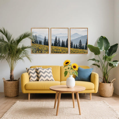 HPINUB Boho Sunflowers Landscape Framed Canvas Wall Art Set,Nature Pine Tree Wall Decor,Abstract Flowers Artwork Rustic Mountain Misty Forest Art Print for Living Room,Bedroom,Office-16 x24 x3