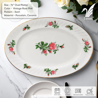 Lynns Paradise Vintage Rose 14-Inch Oval Platter, Set of 2, Pink; Heavy Duty; Chip Resistant; Lead and Cadmium Free; Freezer to Oven Safe up to 500°F