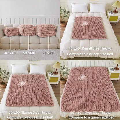 WESHIONGOO Chunky Knit Blanket Throw 50"×60" Knitted Throw Blankets for Couch Bed Fluffy Soft Blanket with Jumbo Chenille Yarn Thick 100% Handmade (Pink)