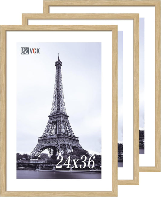 VCK 24x36 Oak Poster Frame 3 Pack, Natural Solid Wood Picture Frames, Wall Mounting Hanging