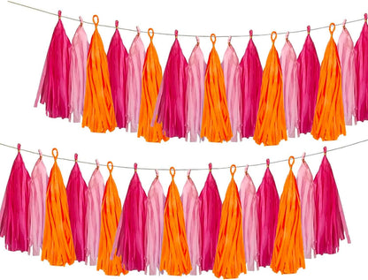 Pink and Orange Paper Tissue Tassel Garland Banner for Pink and Orange Decorations,Rose red Pink and Orange,15 Pcs
