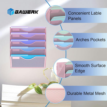 5 Tier Hanging Wall File Organizer, Mesh Mail Paper Orgnization Hanging File Folder Holder for Home Office, Pink