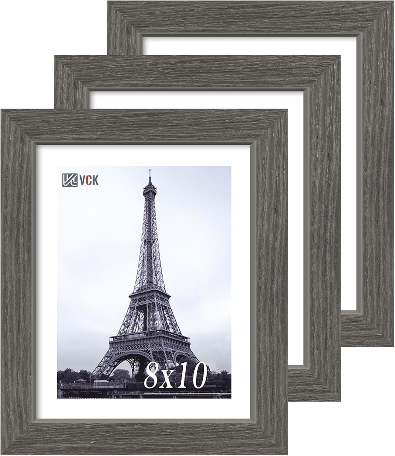 VCK 8x10 Picture Frame 3 Pack, Gray Solid Wood Frame, Exclusive Wood Grain, Wall Gallery Frame
