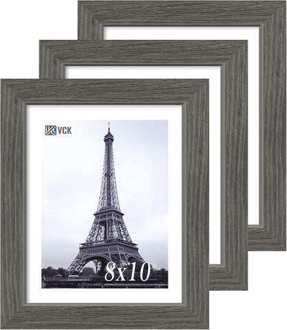 VCK 8x10 Picture Frame 3 Pack, Gray Solid Wood Frame, Exclusive Wood Grain, Wall Gallery Frame