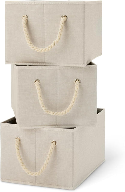 Amazon Basics Foldable Storage Bins with Rope Handles, Linen, Large, Pack of 3