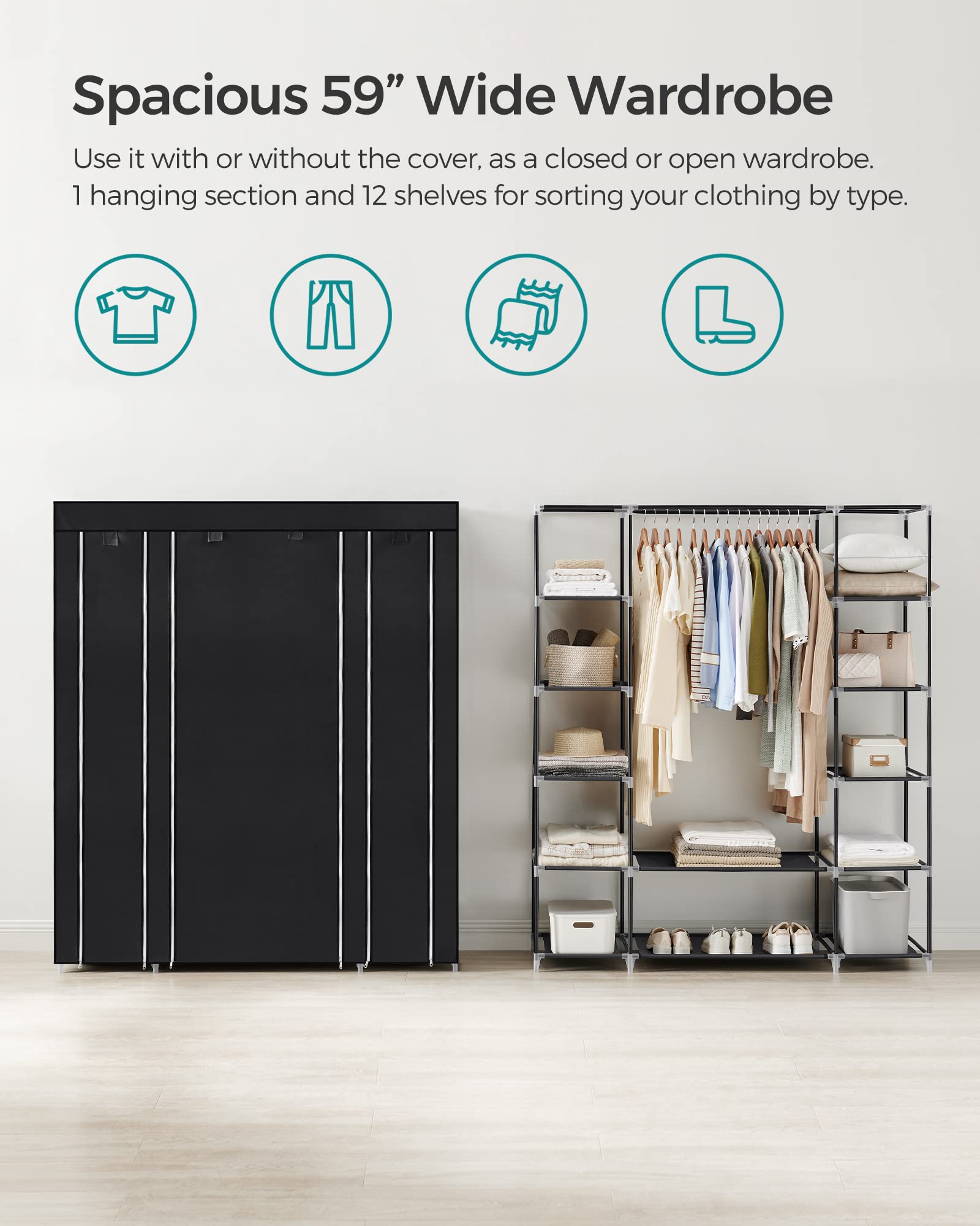 SONGMICS Closet Wardrobe, Portable Closet for Bedroom, Clothes Rail with Non-Woven Fabric Cover