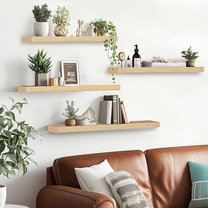 Floating Wall Shelves 4-Pack - Rustic Wood 16-inch Wooden Wall Shelves for Storage and Décor, Multi-Functional and Easy to Install for Living Room, Bedroom, and Kitchen