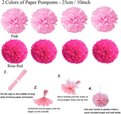 ZERODECO Party Decoration, 21 Pcs Pink Hanging Paper Fans, Pom Poms Flowers, Garlands String Polka Dot and Triangle Bunting Flags for Birthday Parties, Bridal Showers, Baby Showers, Wedding