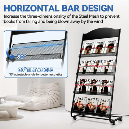 Floor-Standing Magazine Rack, 4-Layer Brochure Display Stand Tiered Design Magazine Stand Detachable Magazine Display with Casters for Exhibitions, Shopping Malls, Hospitals, Offices