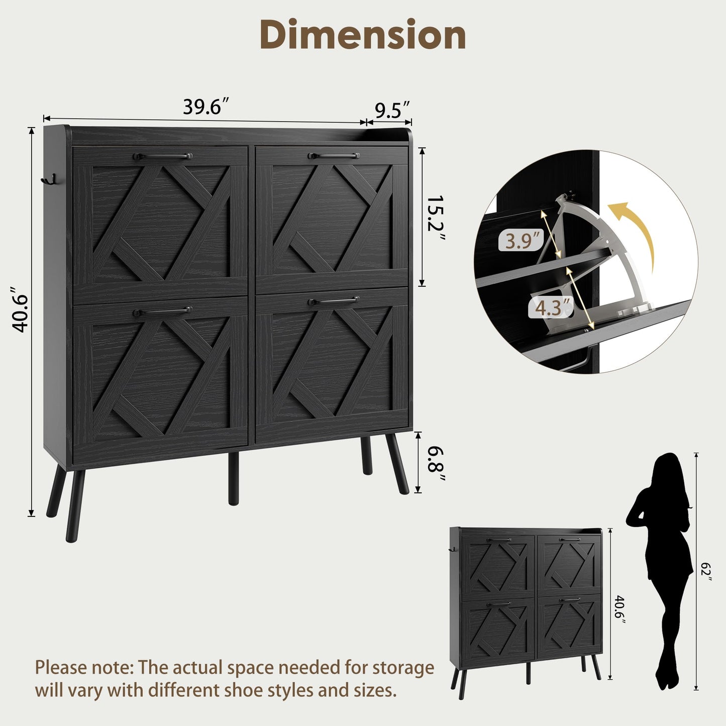 Nicetree Shoe Cabinet with 4 Flip Drawers, Hidden Shoe Rack Cabinet with Metal Legs, Farmhouse