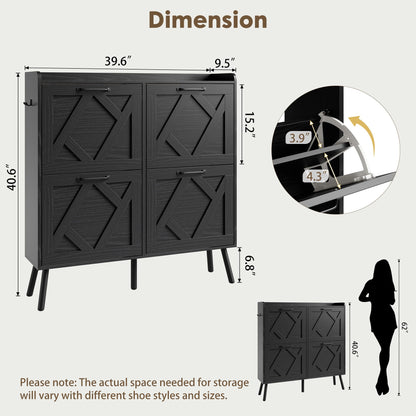 Nicetree Shoe Cabinet with 4 Flip Drawers, Hidden Shoe Rack Cabinet with Metal Legs, Farmhouse